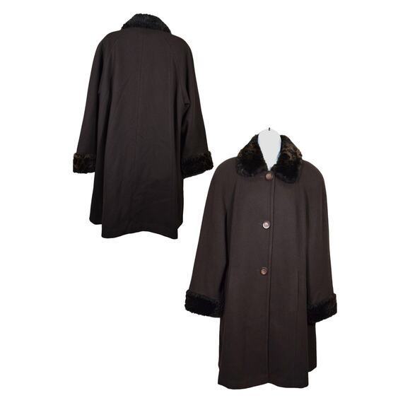 Vtg Womans L Brown Wool Winter Overcoat Faux Fur Collar Cuff Jo-D Lined Buttons - Picture 1 of 13
